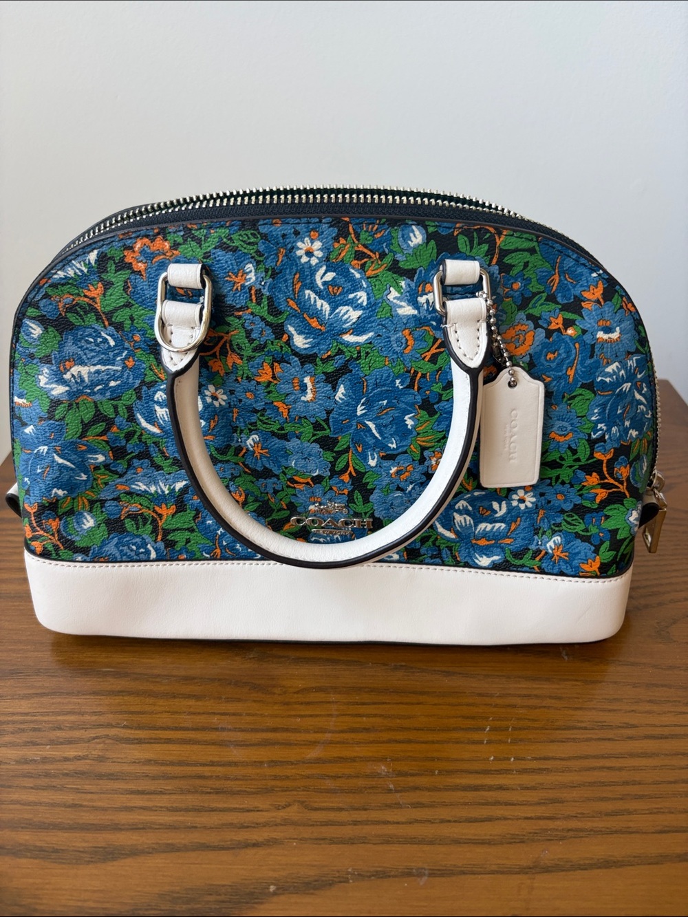 Coach Blue Floral Dome Satchel with White Trim